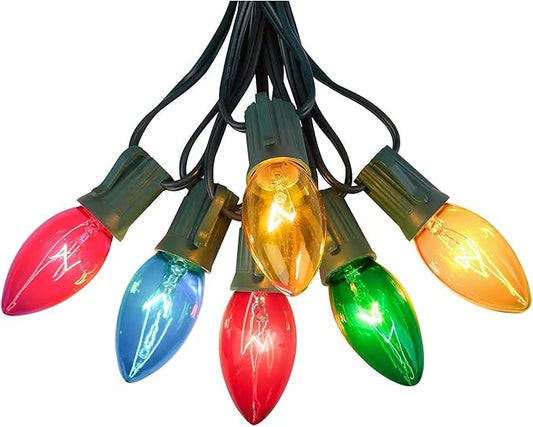 25 FT C9 Clear Multicolor Christmas String Light Outddor,Vintage C9 Christmas Lights with 26 Edison Bulbs(1 Spare), C9/ E17 Base,Multicolor Lights for Christmas Party Backyard Wedding Decor