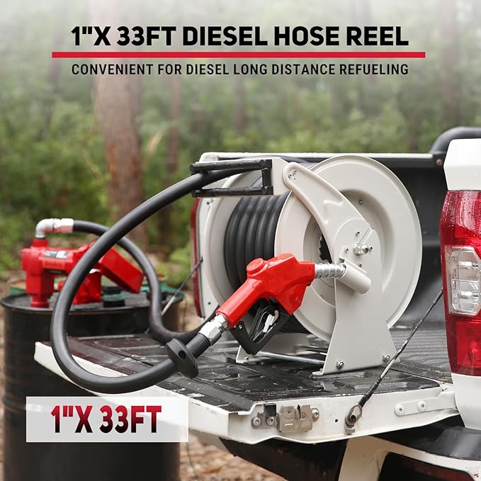 Fuel Hose Reel 1" x 33', 300 PSI Heavy-duty Steel Construction with Refueling Nozzle, Diesel Fuel Reel Used for Aircraft Ship Vehicle Tanker Truck