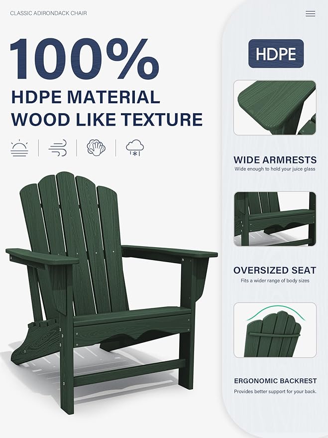KINGYES HDPE Adirondack Chair Set of 4, Classic All-Weather Adirondack Chair, Green