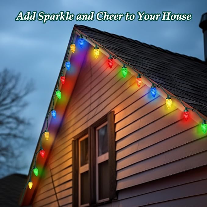 C9 LED Christmas Lights, 34FT 50 Bulbs Outdoor Christmas Decorations for House Waterproof String Lights Extendable Green Wire Fairy Lights for Patio Xmas Garden Party Wedding Holiday Indoor Multicolor