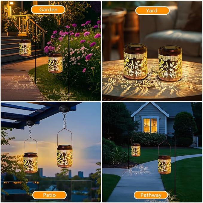 2 Pack Dragonfly Solar Lanterns Outdoor Waterproof 6.9" Metal Hanging Solar Lights Outdoor LED Light Dragonfly Decorative Lantern for Patio,Porch,Yard,Garden Decor,Birthday Gifts for Women Mom