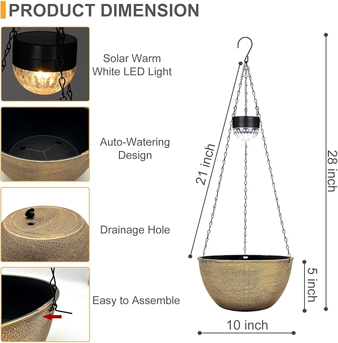 2 Packs Hanging Planters Basket for Outdoor Plants, Solar Powered Self Watering Copper Round Plastic Flower Pots with Drainer for Balcony Patio Garden Outdoor Decoration