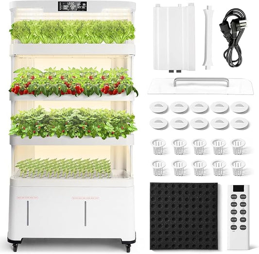 4-Tier Hydroponics Growing System Kit with 130 Pods, Lager Indoor Garden System with LED Grow Light, Automatic Quiet Water Circulation, Food-Grade PP Material Hydroponic Tower for Vegetables