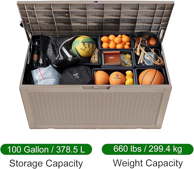 100 Gallon Outdoor Deck Box,Storage Lockable Waterproof Patio Furniture,Garden Tools,Cushions,Pool Accessories Outside Storage Resin Box(Grey)
