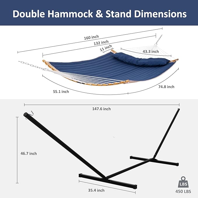 SUNCREAT Portable Outdoor Hammock with Stand, Heavy Duty Hammock with Carrying Bag, Soft Pillow, Balance Ropes, Dark Blue