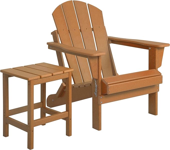 WO Home Furniture Adirondack Chair Table Set of 2 PCS Outdoor Folding Chair w Side Table Weather/UV Resistant for Lawn, Garden, Bon Fire, Balcony (Orange)