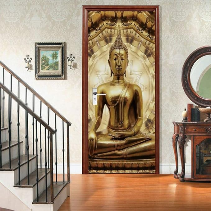 3D Buddha Statue Door Stickers - Peel and Stick Murals, Self-Adhesive Wallpaper Decals, Removable PVC Waterproof Poster for Bedroom Living Room 34.6" x 78.7"