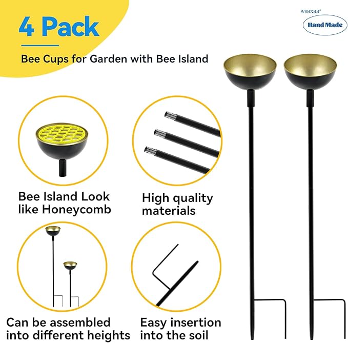 4 Pack Bee Cups for Garden with Bee Island, Bee Waterer and Butterfly Water Stations, Bee Water Catcher Cups for Thirsty Pollinators, Bee Bath, Colorful Metal Garden Sculpture Stakes Decor