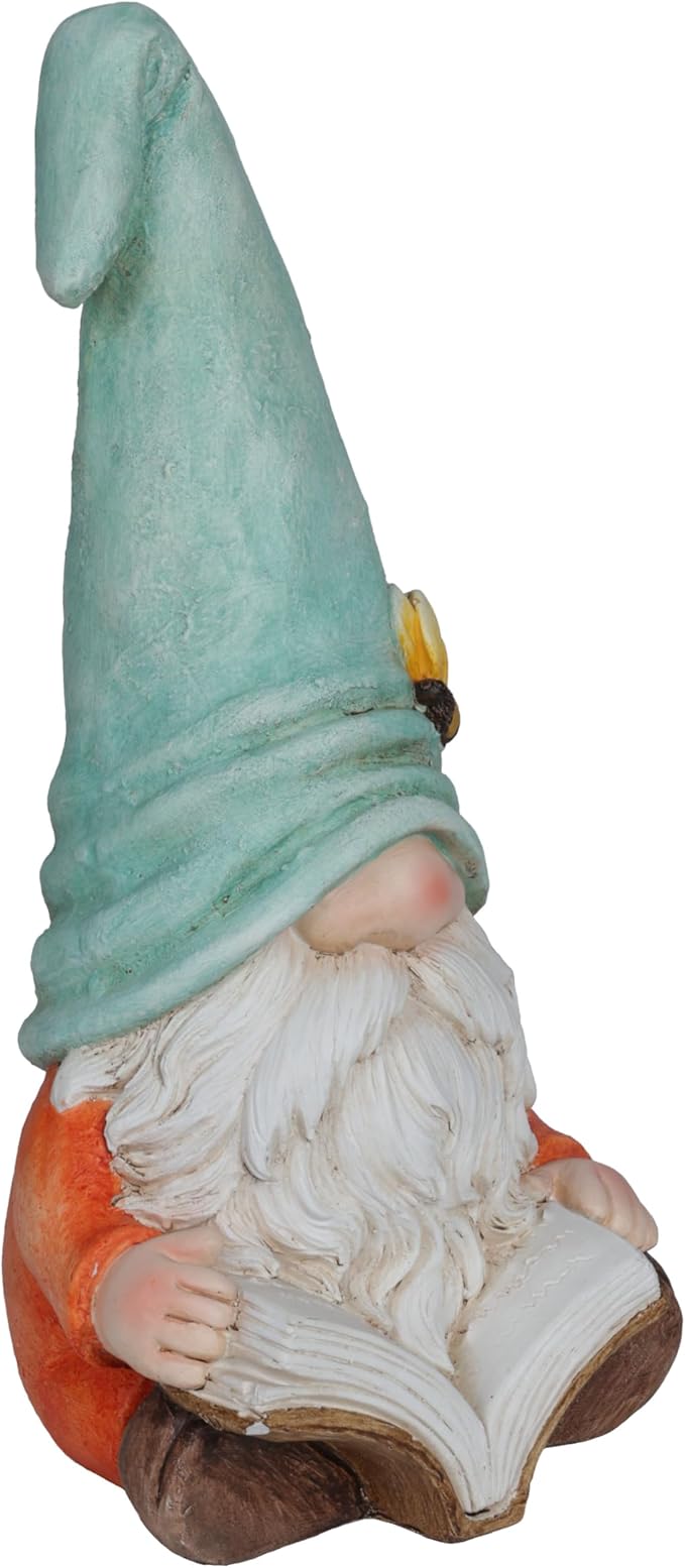 Alpine Corporation MCC844 Indoor/Outdoor Gnome Reading a Book Garden Statue, Charming Gnome Statue with Hat, 20" H, Turquoise