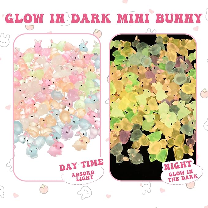 140Pcs Mini Resin Luminous Bunnies Glow in Dark Resin Rabbit Figures for Fairy Garden Luminous Mini Portrait Fairy Garden DIY Christmas Party Ornament Accessories Charms Party Favors