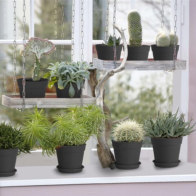 4 inch Small Plant Pots, 28 Pack Plastic Planters with Drainage Holes and Saucers for Flowers Plants, Succulents, Seed Starting Pots, Black