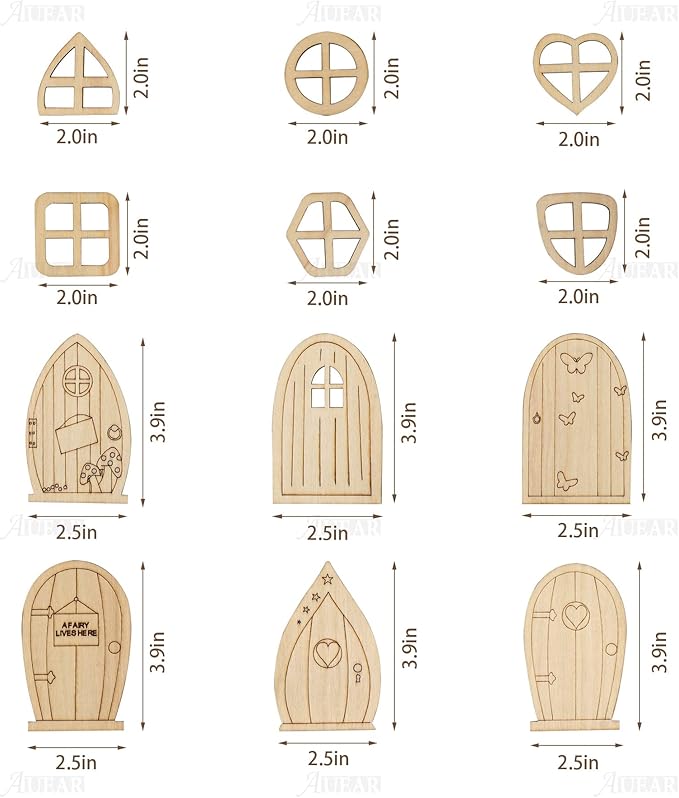 AUEAR, 48 Pack Fairy Door Miniature Wooden Garden Doors Windows Unfinished Window Accessories Unpainted Mini House DIY Craft for Wall Home Party Decoration (Style B)