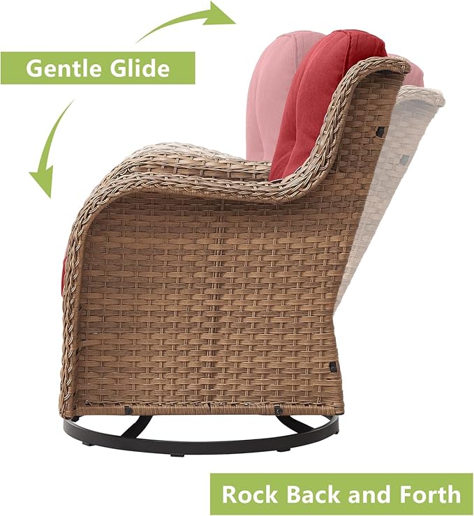Outdoor Wicker Patio Furniture Set - 6 Piece Rattan Patio Conversation Set with 2 Rocking Swivel Chairs,2 Ottomans,1 Sofa and 1 Coffee Table for Porch Deck Backyard Garden(Yellow/Red)