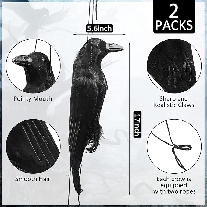 Lewtemi 2 Pcs 17 Inch Realistic Hanging Dead Crows Decoy Life Size Black Feathered Crow Fake Black Crows for Garden Decorations