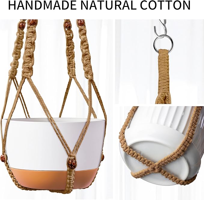 43 Inch Macrame Plant Hanger - Fits 6-15 Inch Pots, Extra Long Hanging Planter Holder for Indoor Outdoor, with Red Wood Beads, Boho Home Decor, 2 Pack, Brown (POTS NOT Included)