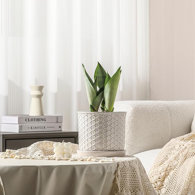 8 Inch Plant Pot: Ceramic Planter with Drainage Hole & Saucer - Flowerpot for Indoor & Outdoor Plants with Separate Tray for Home & Office - Honeycomb Design, Cream White