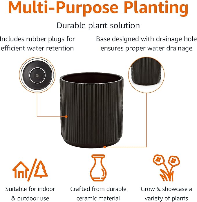 Amazon Basics Fluted Round Ceramic Planter, 8-Inch, Black
