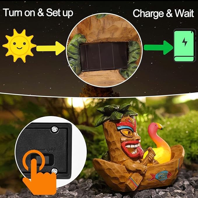Solar Tiki Statue Outdoor Decor-Tiki Bar Decor -Outdoor Tiki Statue Decoration for Garden,Lawn,Balcony,Yard,Tiki Flamingos Boating Hawaiian Tropical Decor Figurine Gift