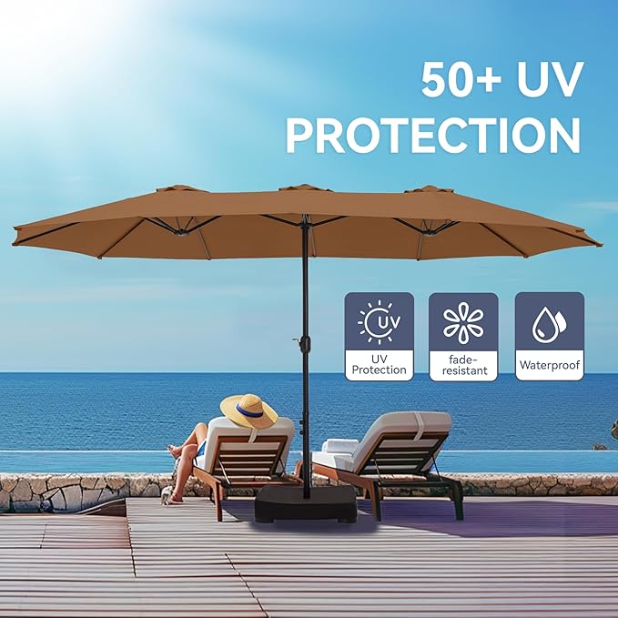 GREEN PARTY 15 ft Rectangle Patio Umbrella with Base Included, Double-Sided Table Umbrella with Crank, Large Outdoor Umbrellas for Patio Poolside Garden Backyard, Tawny