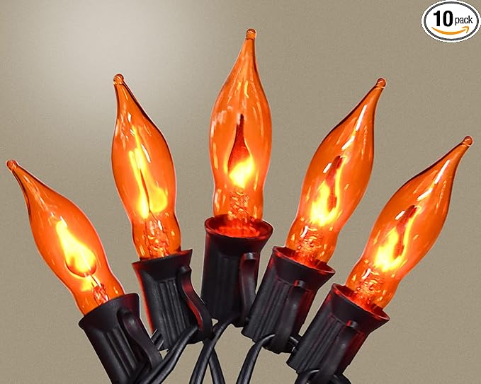 Halloween Lights Flickering Flame String Lights with 12 Pack C7 Orange Flame Light Bulbs (2 Spare), 12.8Ft Orange Flame String Lights for Indoor Outdoor Home Party Yard Halloween Decorations