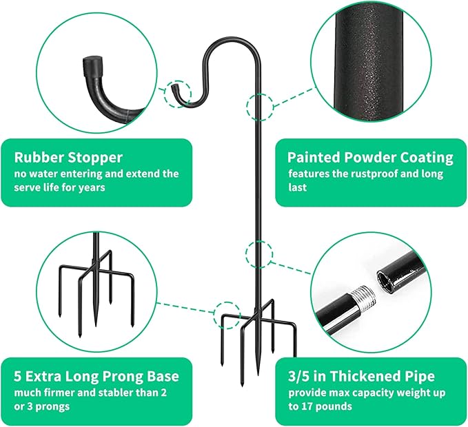5-Prong Shepherd Hooks for Outdoor 2 Pack Heavy Duty Iron Garden Hooks for Hanging Plants, Bird Feeders, Lanterns, Solar Lights, and Wedding Decor – Rust-Resistant, Adjustable, Easy to Install 48 Inch