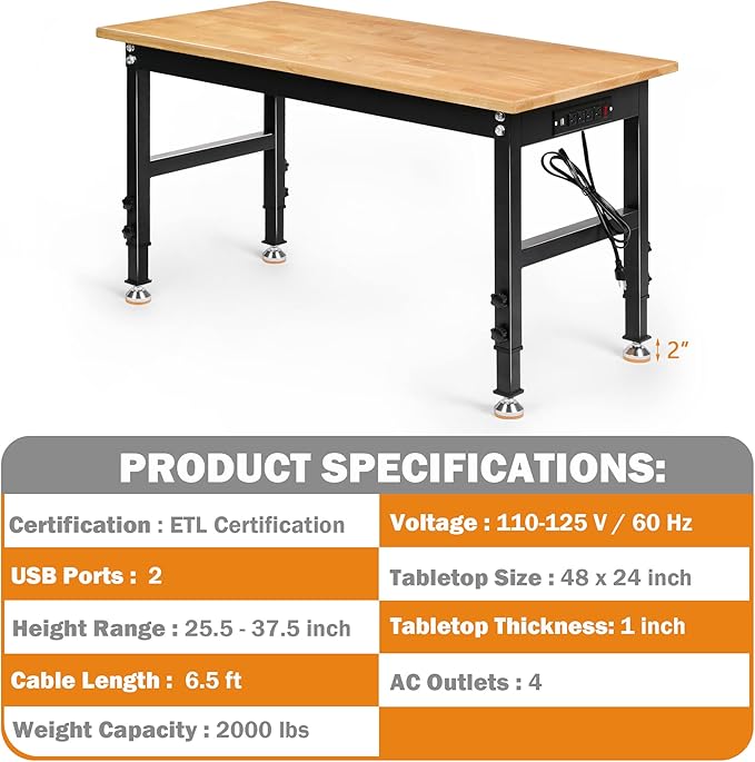 Adjustable Height Workbench, 48" Rubber Wood Top Heavy Duty Workstation with Power Outlets, 2000 LBS Load Capacity Hardwood Worktable for Workshop, Garage, Office, Home, Commercial