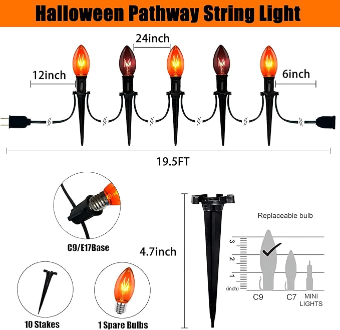 19.5Ft Halloween Pathway Lights, 10 Pack C9 Orange & Black Bulbs, Connectable, UL Listed, Outdoor Garden Yard Driveway Lawn Decor