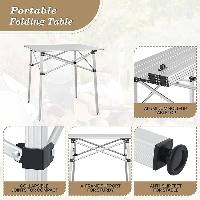 Athena Collection Foldable Camping Table, 28" Small Aluminum Outdoor Folding Camp Table with Roll Up Tabletop and Carry Bag, Lightweight and Portable for Outdoor Camping Picnic Grilling, Silver