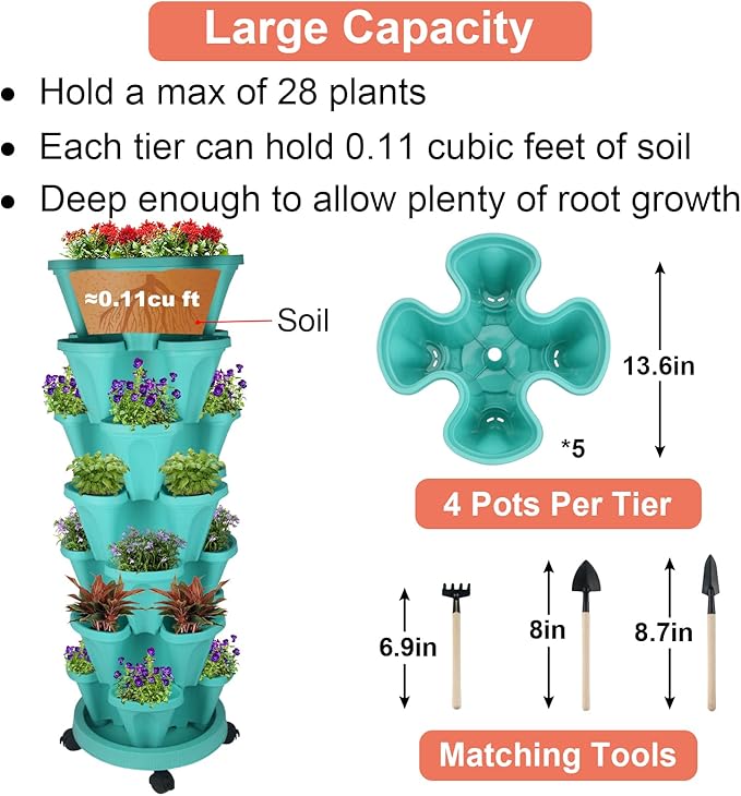 Vertical Planter 7 Tier Stackable Planters Garden Planters Strawberry Herb Flower and Vegetable Planter Indoor Outdoor Gardening Pots with Removable Wheels and Tools
