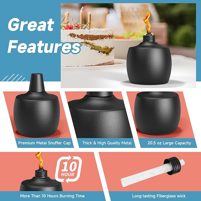 2-Pack Citronella Tabletop Torches, 21.5 oz Table Top Torches for Outdoor, Metal Oil Burner Candles, Garden Torches with Fiberglass Wick for Yard, Patio, Deck, Garden, Party, Landscape