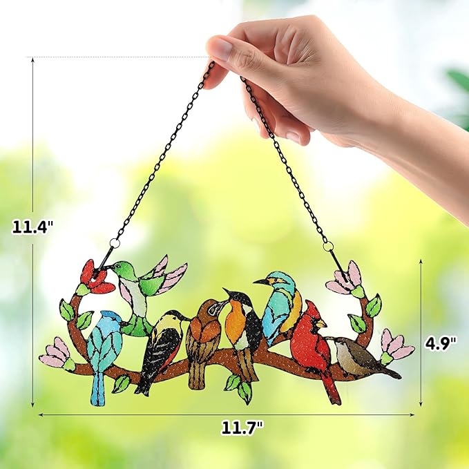 Huray Rayho Birds On Branch Stained Glass Suncatcher Cardinal Hummingbird Kingfisher Double Side Glass Panel Window Hanging Decor Bird Ornament Bird Lover Gift for Mom Grandma