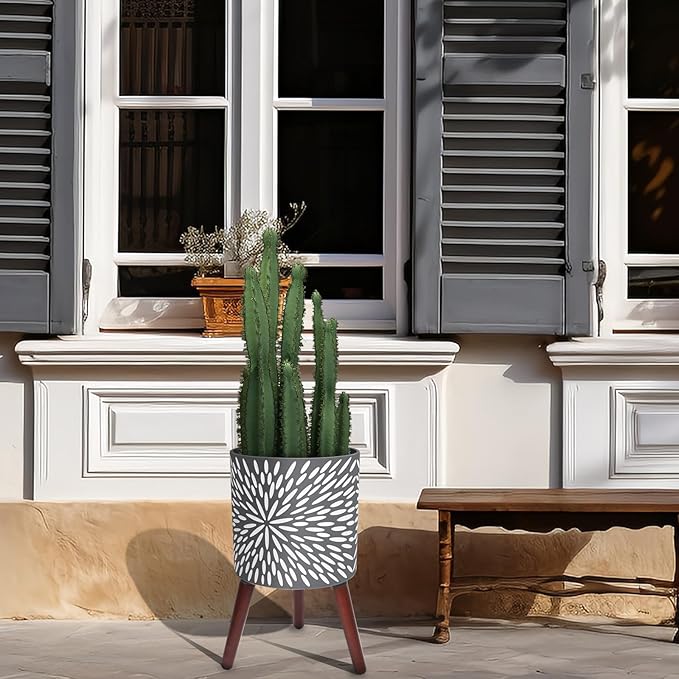 12 Inches Plant Pot with Stand, Large Modern Standing Planters for Indoor Plants with Drainage Holes, Gray Flower Pots with Legs