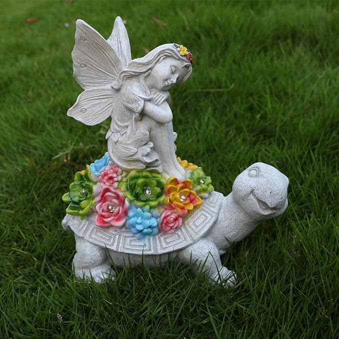 Garden Statues Outdoor Decorations Solar Turtle Angels Decor with Succulents LED Lights Garden Ornaments Figurines for Patio Yard Lawn Gifts for Women Grandma