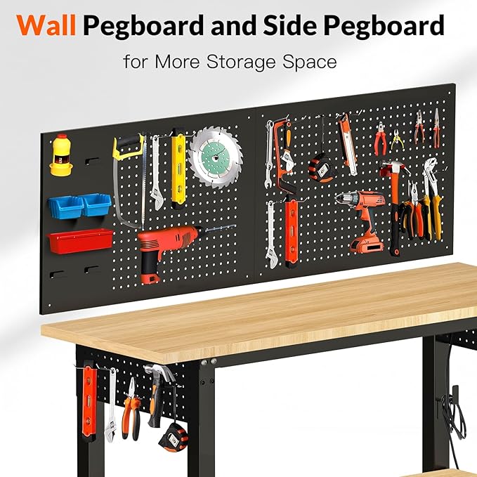 48“ Adjustable Height Workbench Work Bench for Garage Work Table with Under Table Shelf Heavy Duty Rubber Wood Top for Shop Woodworking, Office, Home, Commercial