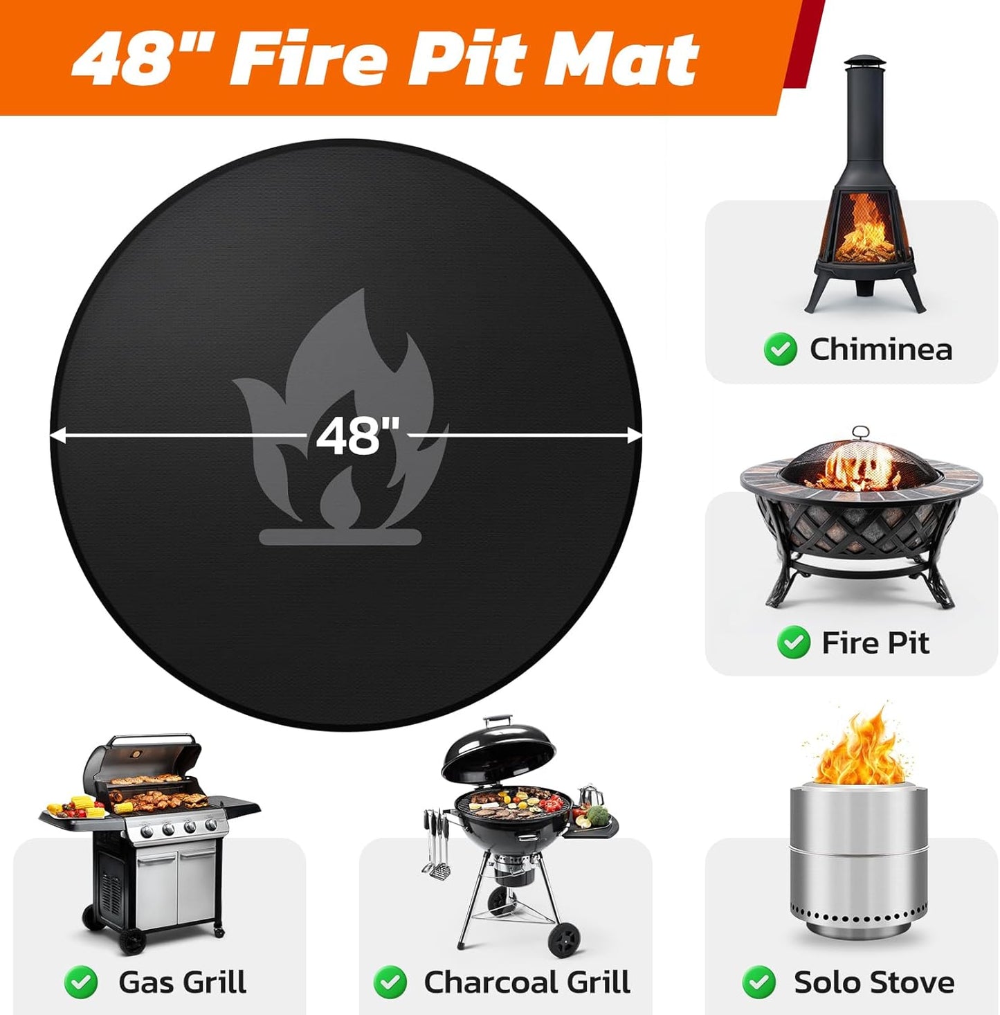 48" Fire Pit Mat for Solo Stove Bonfire: Round Fireproof Under Grill Mat Heat Insulated Indoor Fireplace Pad Protector for Decks, Patios, Grass, BBQ Smoker, Portable Reusable Oil-Proof and Waterproof