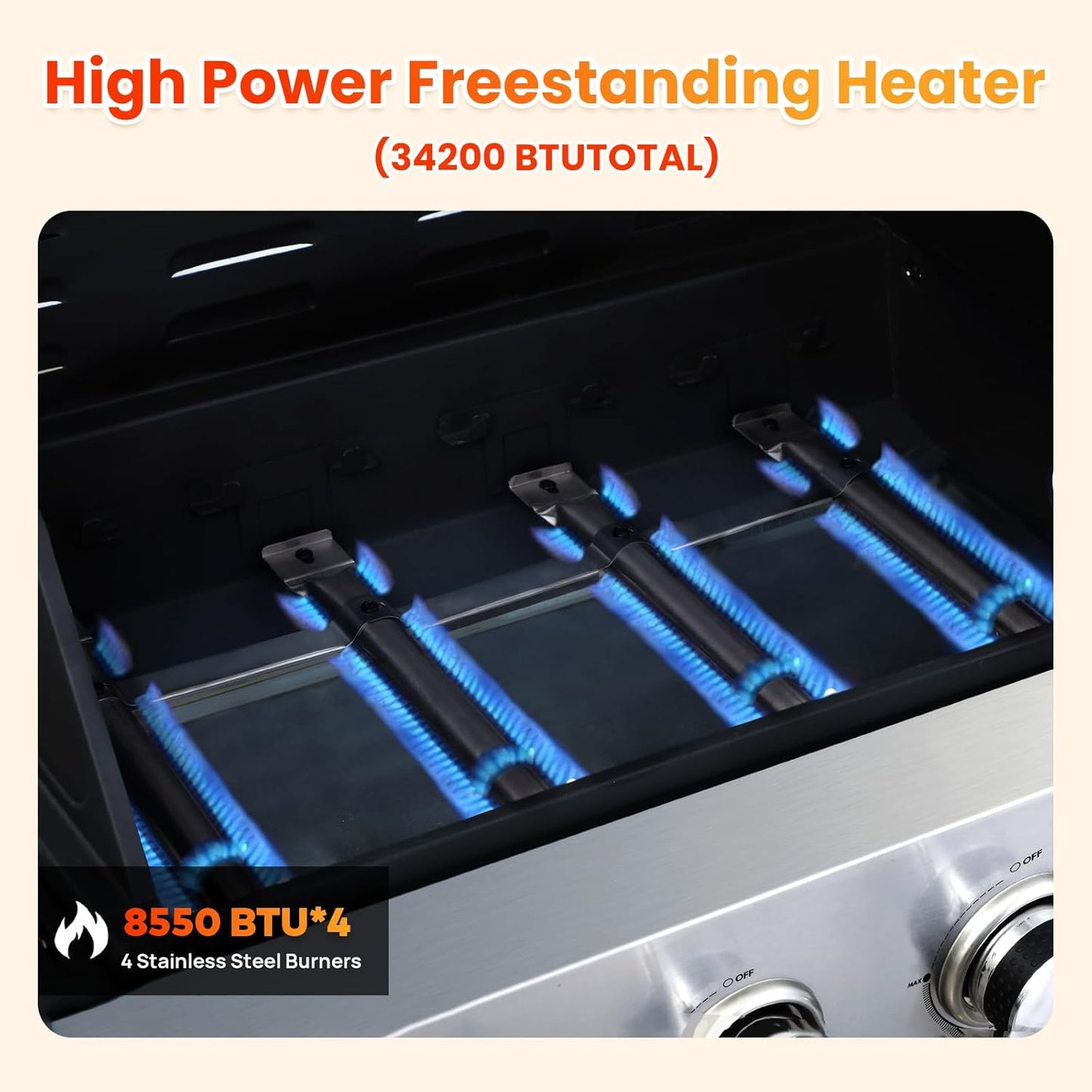 4-Burner Propane Gas BBQ Grill with Porcelain-Enameled Cast Iron Grates, 2 Foldable Side Table, 34,200 BTU Stainless Steel Grill for Outdoor Camping Barbecue Grilling Backyard Cooking