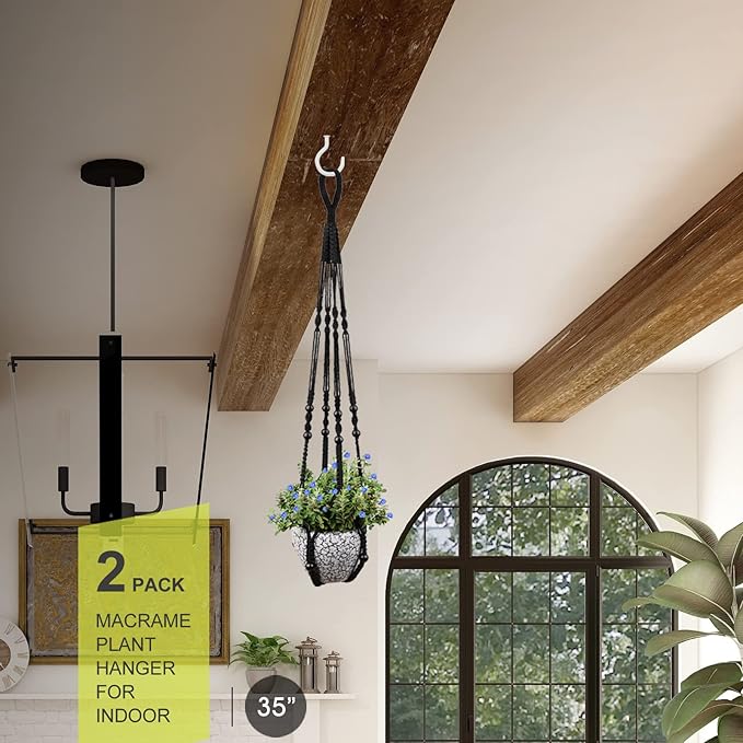 RIFNY Macrame Plant Hanger for 5 to 10 Inch Plant Pots, 35 Inch Woven Rope Hanger Kits with Hooks and Wood Beads, Hanging Planter Basket for Indoor Boho Home Decor (Black, 2 Pack)