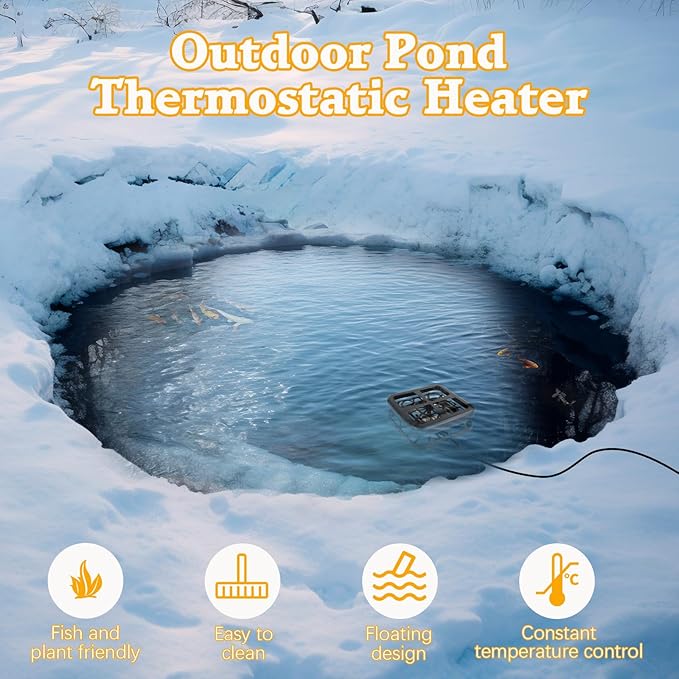 Aobiono Pond Heater De Icer, Winter Thermo Climate Floating Survival Solution for Outdoor Fish Pond Koi, Thermostat Control for Water Stock Tank Livestock Bird Bath Pet, 12 ft Cord (1000W)