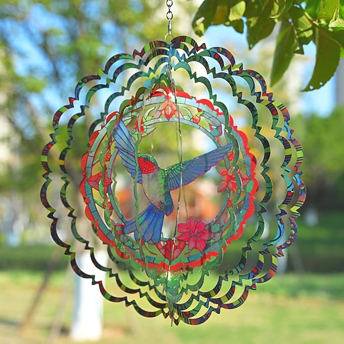 Metal Wind Spinners - Hummingbird 12 inch 3D Stainless Steel Hanging Wind Spinner Metal, Gifts for Women Mom Grandma Wife, for Indoor/Outdoor Decor, Yard Art, Garden Decoration