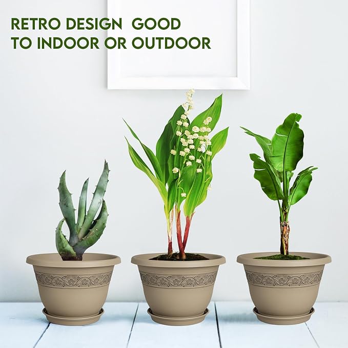 8 Inch Plant Pots with Drainage Hole - Lightweight Flower Pots for Herbs and Flowers - Home Decor Plastic Planters for Indoor Outdoor Plants- Pack of 6 (Brown, 8 inch)