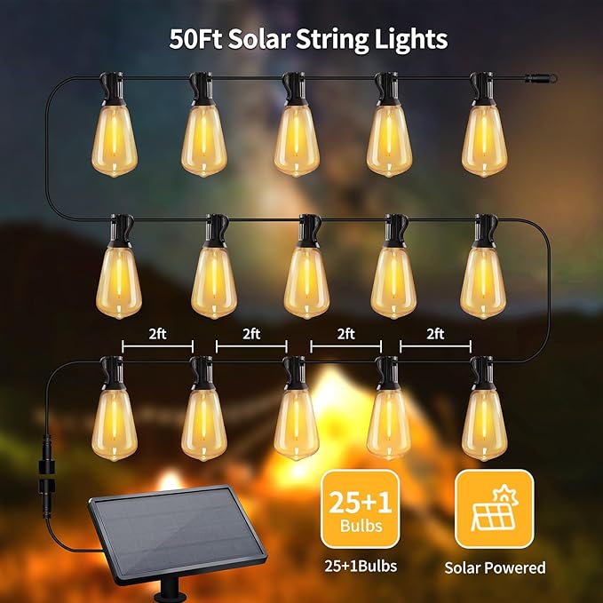50ft Solar String Lights with Remote, 25+1 Bulbs Solar Patio Lights Outdoor Waterproof, Solar Powered Dimmable Deck Lights for Garden Porch Party