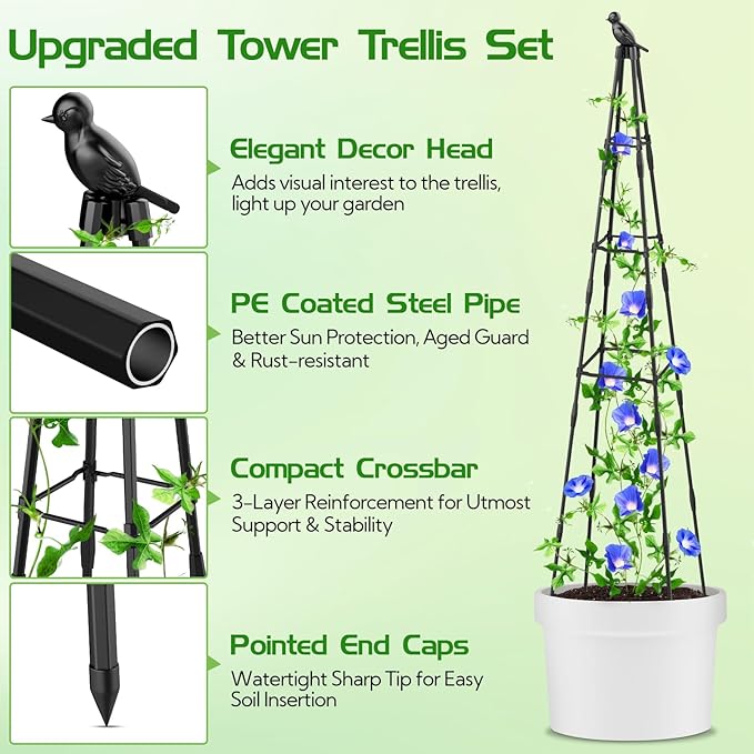 2 Pack Garden Trellis for Climbing Plants Outdoor, 79"/6.6ft Tall Rustproof Tomato Trellis, PE Coated Metal Plant Trellis Indoor, Tower Trellis for Potted Plants Flowers Vines Vegetables
