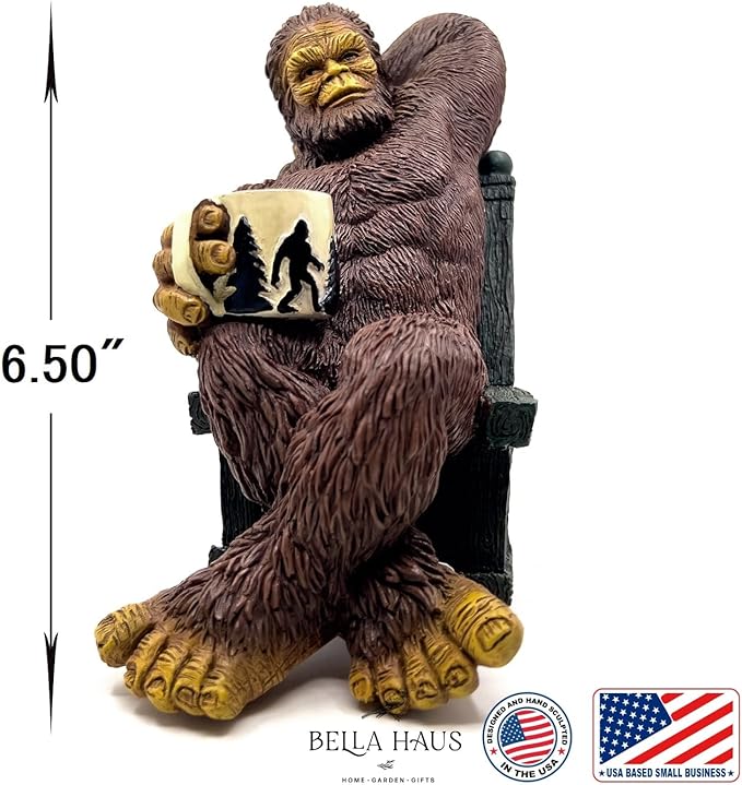 Bella Haus Bigfoot Garden Statue | Sasquatch Enjoying Morning Coffee | Whimsical Bigfoot Cabin Décor for Yard Patio Office or Home | Mythical Coffee-Loving Sasquatch Figurine | Hand-Painted Resin