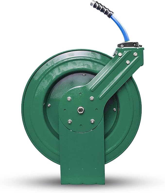 Auto Retractable Water Hose Reel with Hot & Cold Water Rubber Garden Hose, Spray Nozzle - Ultra Light, Super Strong with 6' Lead-in Hose (3/4” x 50’ Green)