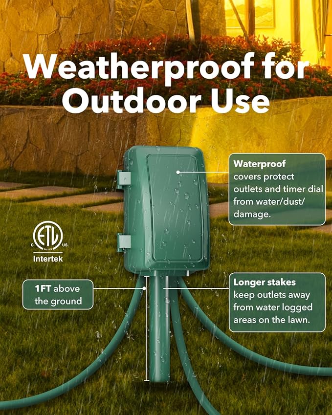 BN-LINK 24 Hour Mechanical Outdoor Multi Socket 6 Outlet Garden Power Stake with 6ft Cords, Outdoor Timer for Christmas Lights, ETL Listed, 125V, 15A/1875W