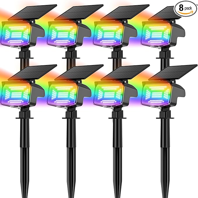 Solar Lights Outdoor Color Changing, 85 LEDs 9 Lighting Modes RGB Solar Outdoor Lights, IP67 Waterproof Multicolor Landscape Spotlights for Halloween Holiday Decorations (8 Pack)