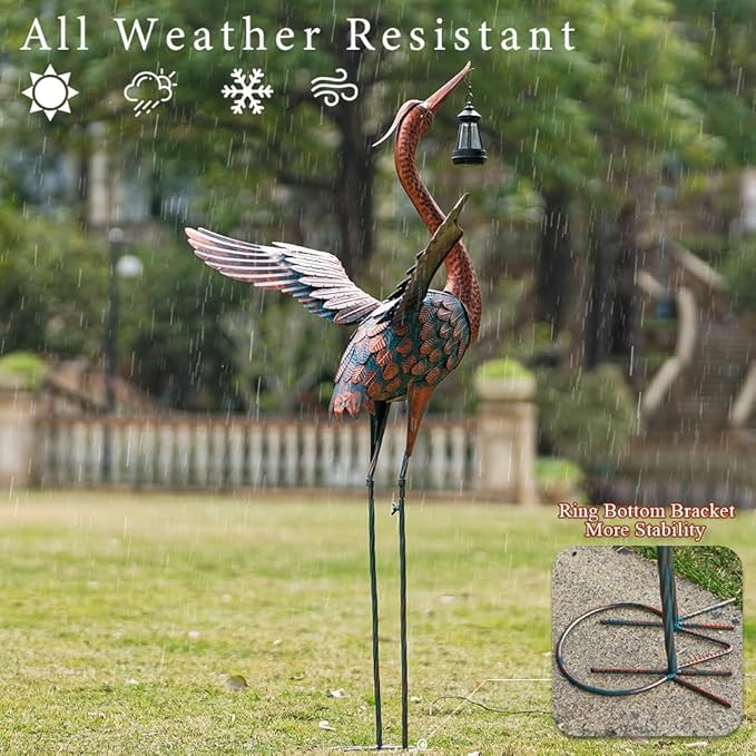 48'' Heron Garden Statue, Large Crane Outdoor Statue with Solar Lantern, Crane Bird Metal Yard Art for Outside Backyard, Pond, Porch Decor