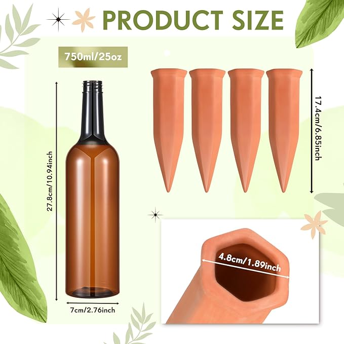 Baderke 12 Set Plant Watering Devices, Terracotta Watering Spikes with 25 oz Plastic Wine Bottles, Slow Release Vacation Insert Automatic Plant Waterer Device for Indoor Outdoor