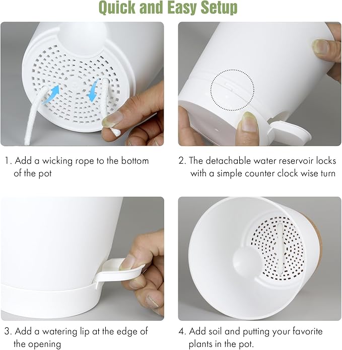 4 inch Self Watering Pots for Indoor Outdoor Plants, 6 Pack Plastic Flower Planters with Drainage Holes and Removable Saucers, Plant Pots with Wicking Rope, Modern Decor, White