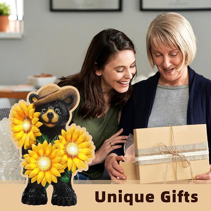 Bear Statue with Sunflowers LED Light 7.2" Solar Lamp Outdoor Garden Patio Yard Porch Lawn Decor Waterproof Resin Black Bear Figurine Unique Garden Gifts for Women Mom Grandma Sister